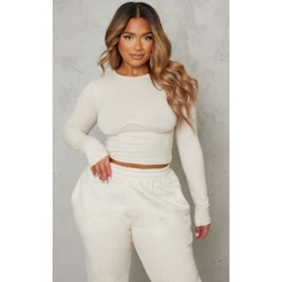 PrettyLittleThing Tops - prettylittlething SHAPE OATMEAL MARL UNDERBUST LONG SLEEVE TOP